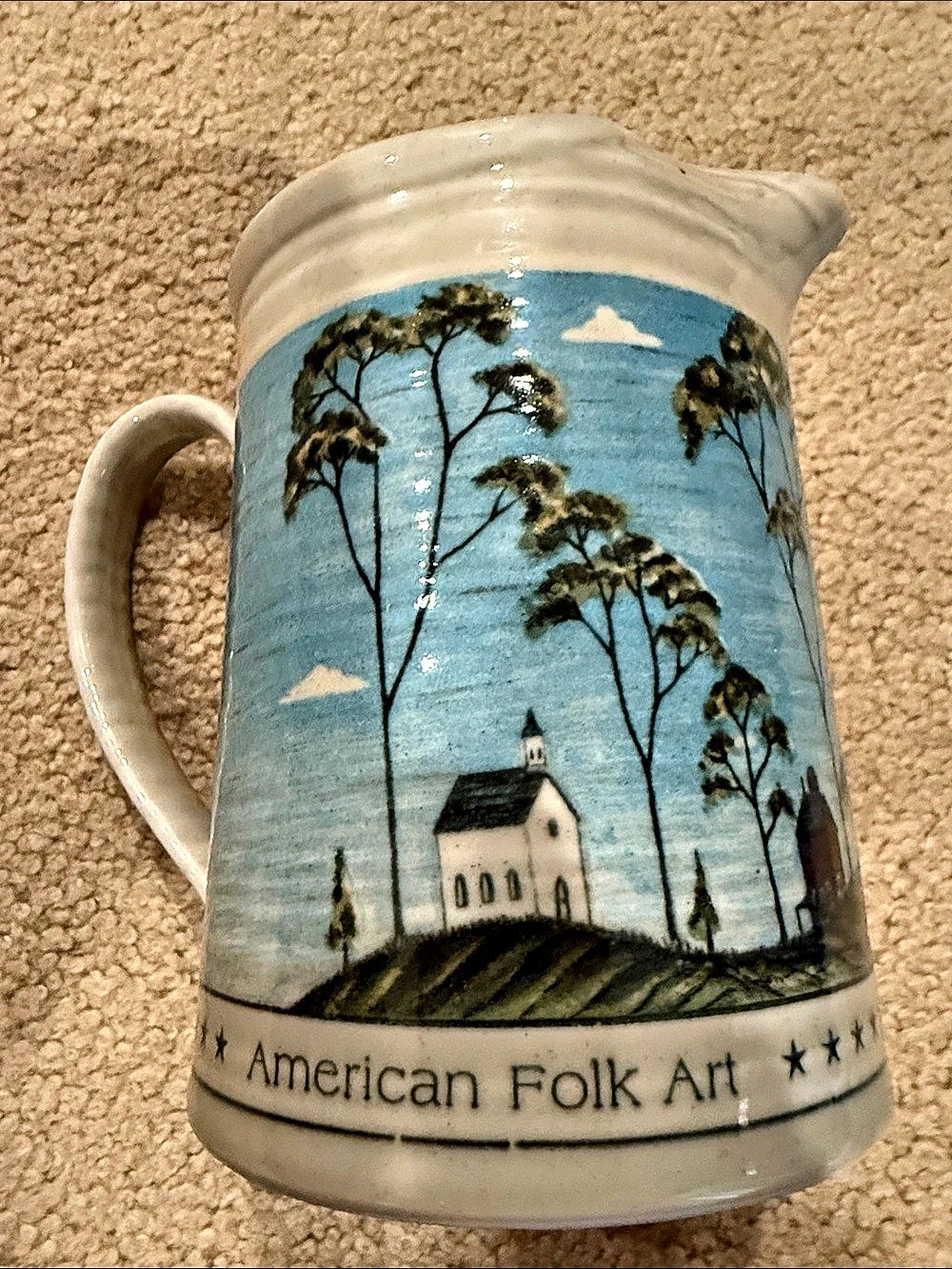 Warren Kimble American Folk Art Ceramic Pitcher in Blue & White